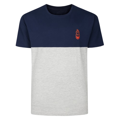 Bigdude Flaming Skull Cut And Sew T-Shirt Navy Light Grey Marl